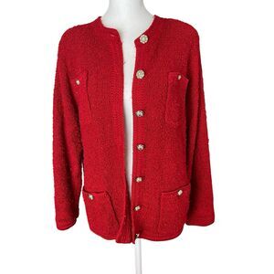Rochelle California Large Cardigan Sweater Red Chunky Vintage Gold Button
